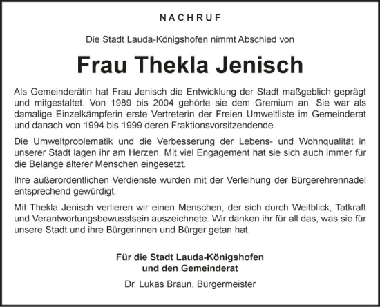 Traueranzeige von Thekla Jenisch von Fränkische Nachrichten