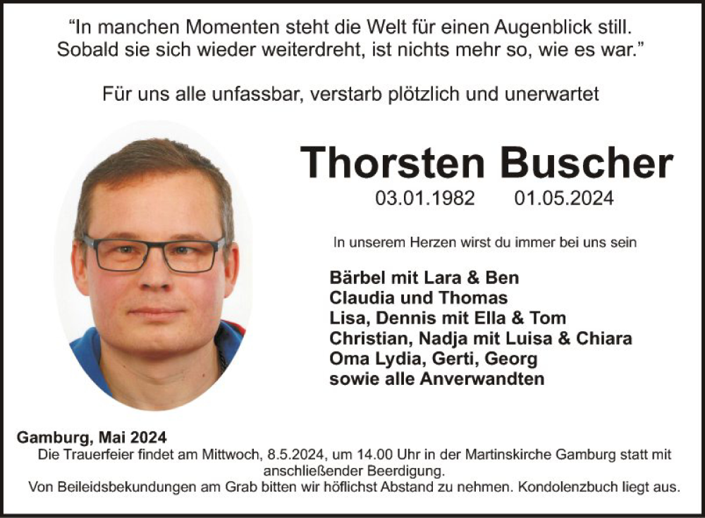  Traueranzeige für Thorsten Buscher vom 04.05.2024 aus Fränkische Nachrichten