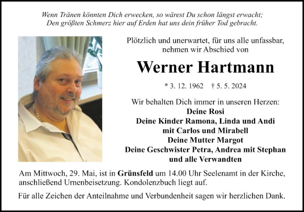  Traueranzeige für Werner Hartmann vom 23.05.2024 aus Fränkische Nachrichten