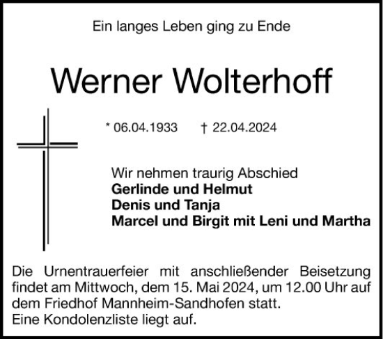 Traueranzeige von Werner Wolterhoff von Mannheimer Morgen