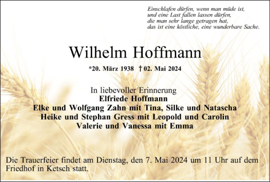 Traueranzeige von Wilhelm Hoffmann von Schwetzinger Zeitung