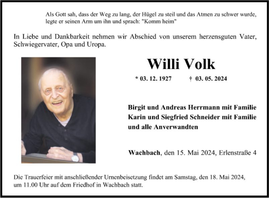 Traueranzeige von Willi Volk von Fränkische Nachrichten