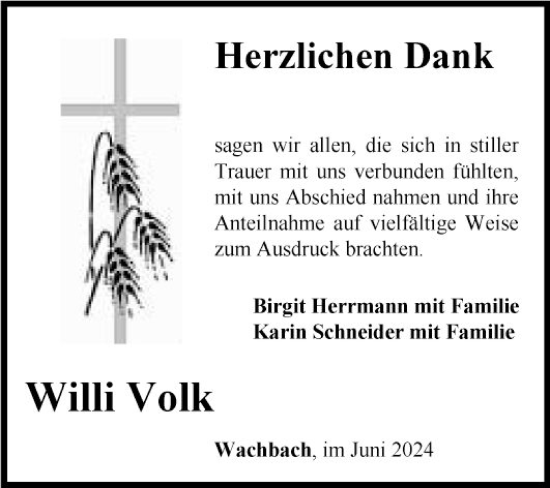 Traueranzeige von Willi Volk von Fränkische Nachrichten