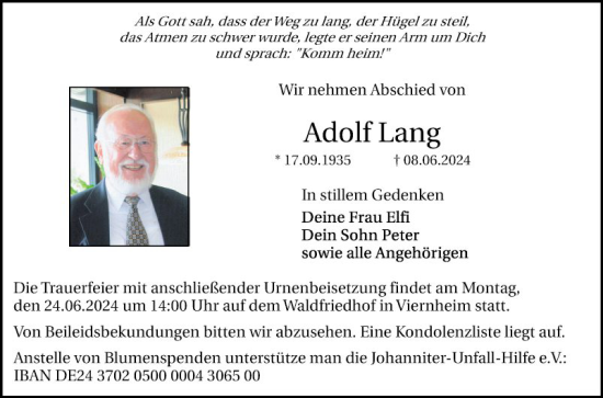 Traueranzeige von Adolf Lang von Mannheimer Morgen