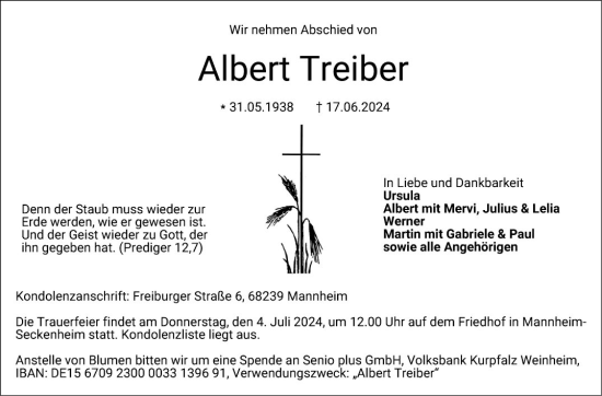 Traueranzeige von Albert Treiber von Mannheimer Morgen