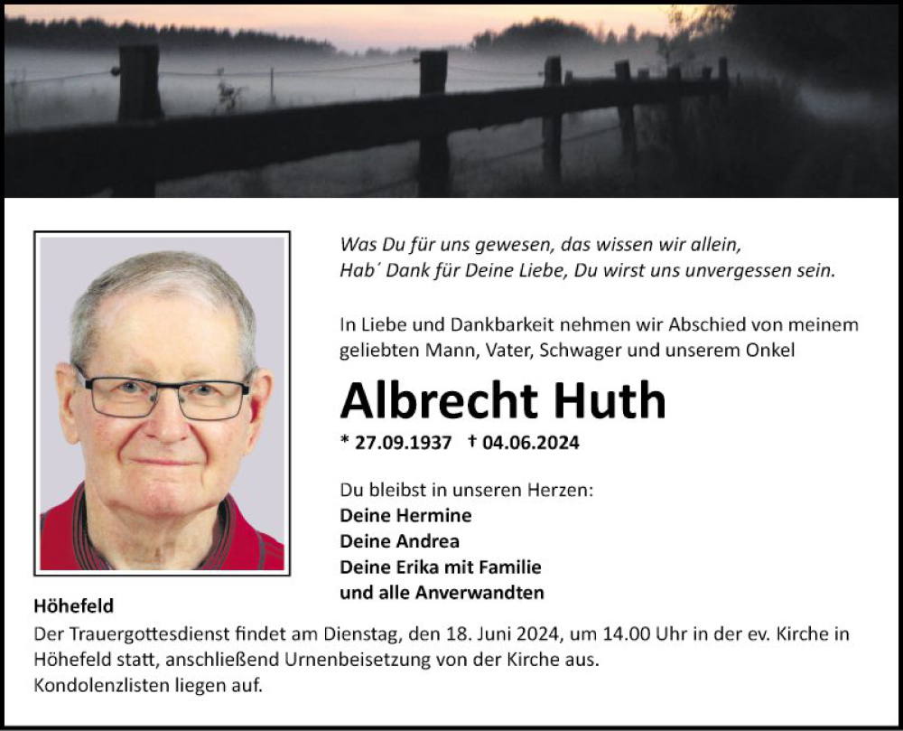  Traueranzeige für Albrecht Huth vom 12.06.2024 aus Fränkische Nachrichten