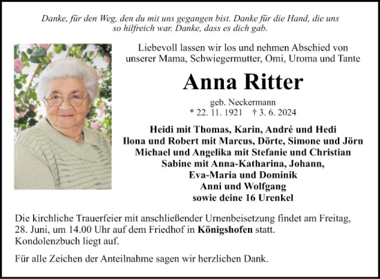 Traueranzeige von Anna Ritter von Fränkische Nachrichten