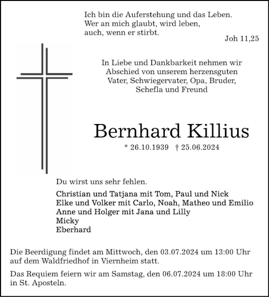 Traueranzeige von Bernhard Killius von Mannheimer Morgen