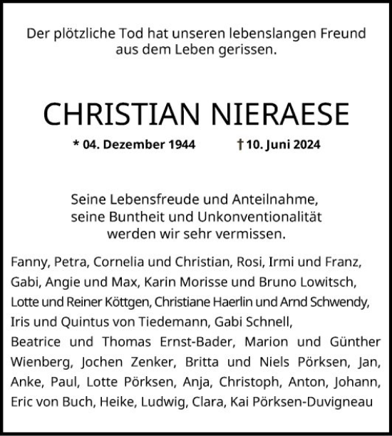 Traueranzeige von Christian Nieraese von Mannheimer Morgen