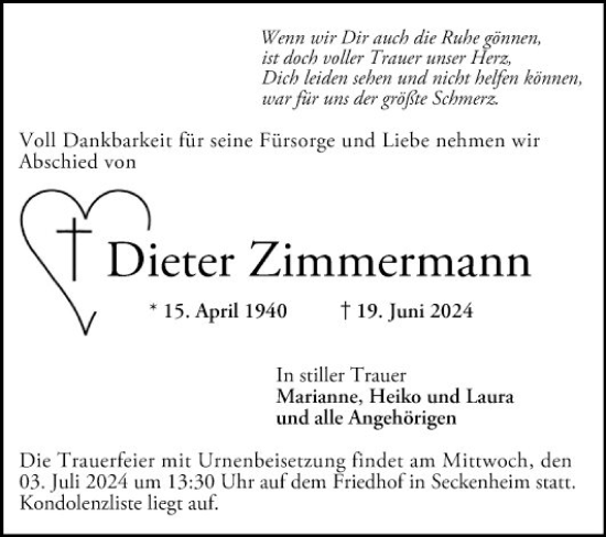 Traueranzeige von Dieter Zimmermann von Mannheimer Morgen