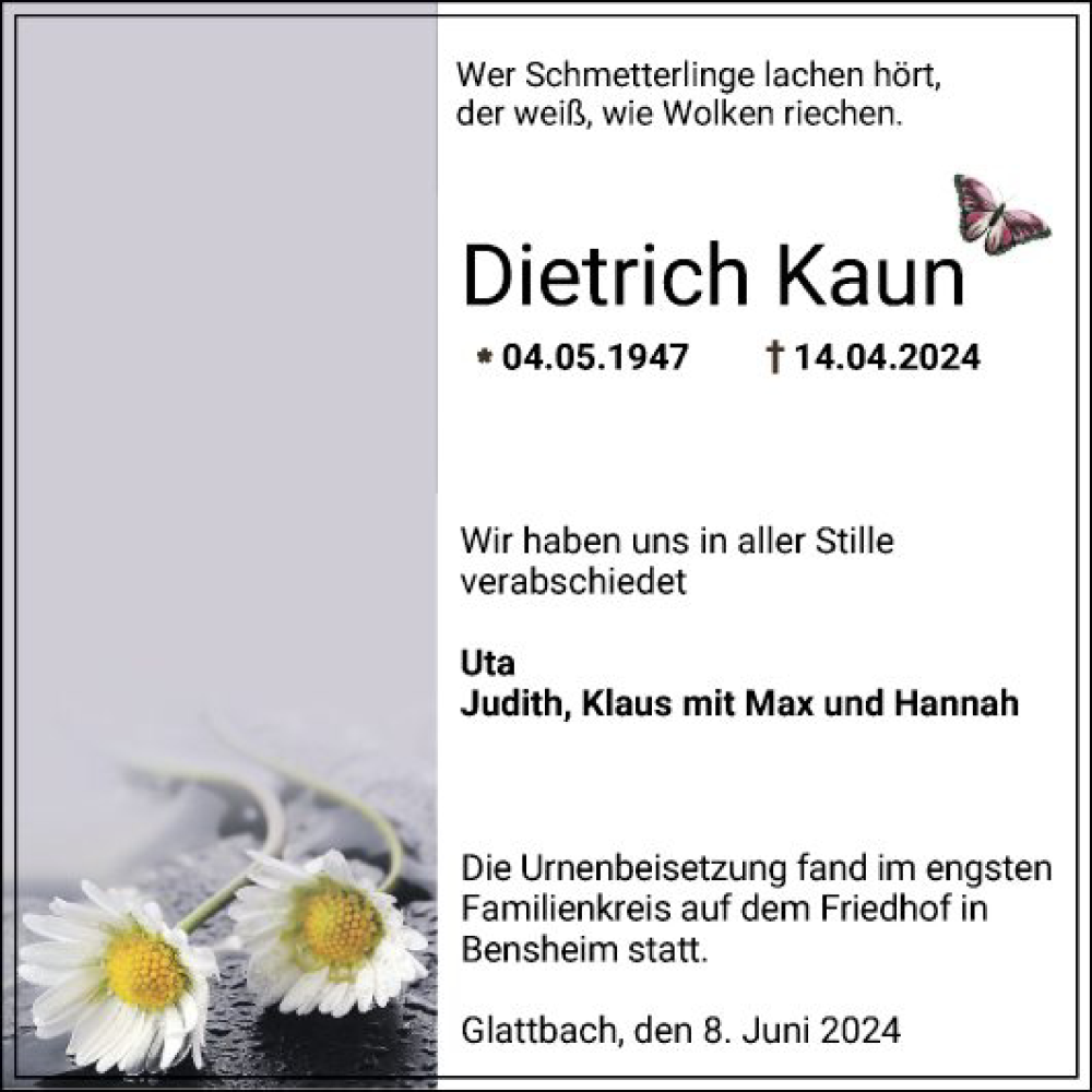  Traueranzeige für Dietrich Kaun vom 08.06.2024 aus Bergsträßer Anzeiger