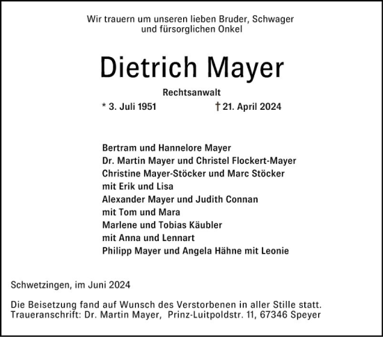 Traueranzeige von Dietrich Mayer von Schwetzinger Zeitung