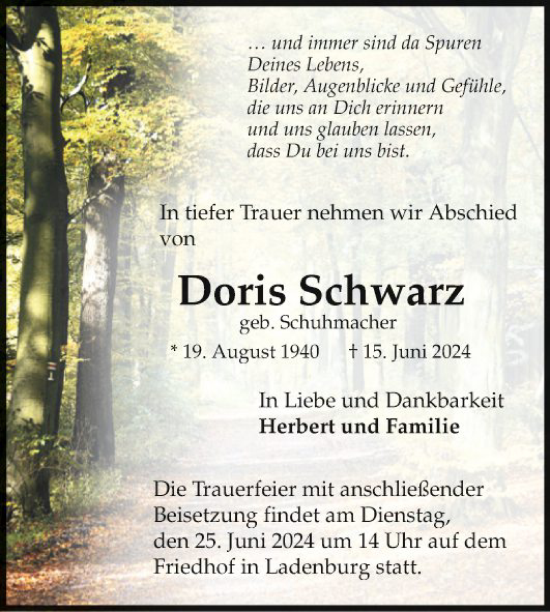 Traueranzeige von Doris Schwarz von Mannheimer Morgen