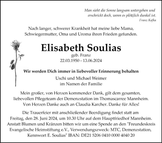 Traueranzeige von Elisabeth Soulias von Mannheimer Morgen