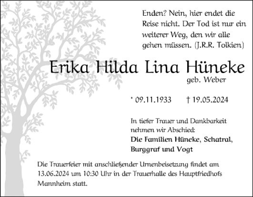  Traueranzeige für Erika Hilda Lina Hüneke vom 08.06.2024 aus Mannheimer Morgen