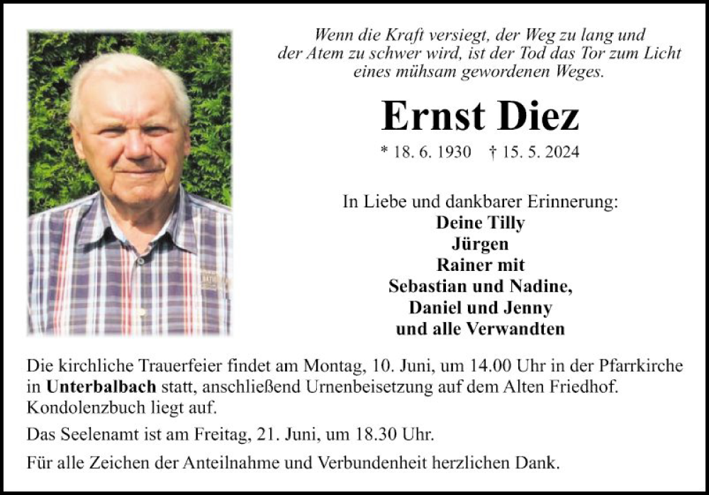  Traueranzeige für Ernst Diez vom 04.06.2024 aus Fränkische Nachrichten