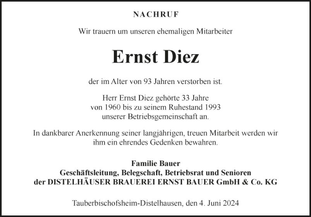  Traueranzeige für Ernst Diez vom 04.06.2024 aus Fränkische Nachrichten