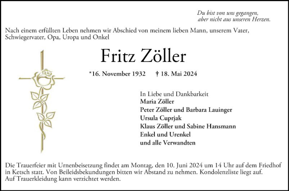  Traueranzeige für Fritz Zöller vom 05.06.2024 aus Schwetzinger Zeitung