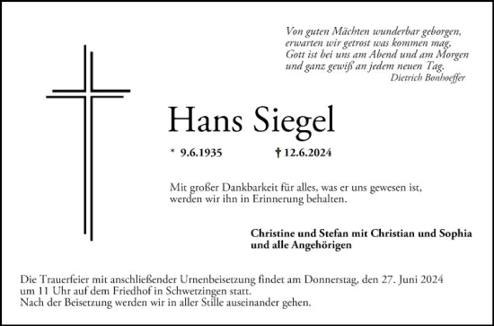 Traueranzeige von Hans Siegel von Schwetzinger Zeitung