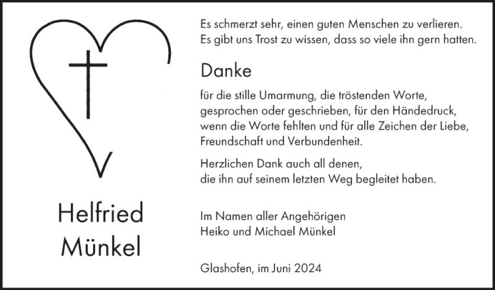  Traueranzeige für Helfried Münkel vom 29.06.2024 aus Fränkische Nachrichten