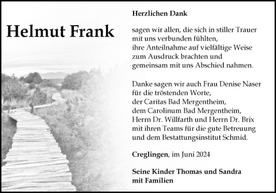 Traueranzeige von Helmut Frank von Fränkische Nachrichten