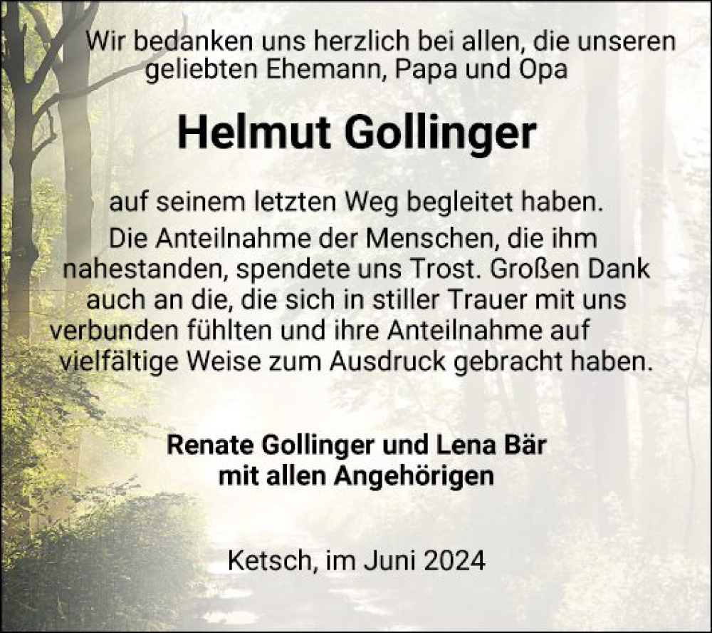  Traueranzeige für Helmut Gollinger vom 26.06.2024 aus Schwetzinger Zeitung