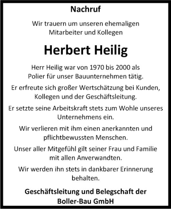 Traueranzeige von Herbert Heilig von Fränkische Nachrichten