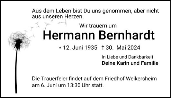 Traueranzeige von Hermann Bernhardt von Fränkische Nachrichten