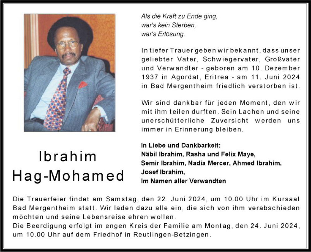  Traueranzeige für Ibrahim Hag-Mohamed vom 20.06.2024 aus Fränkische Nachrichten
