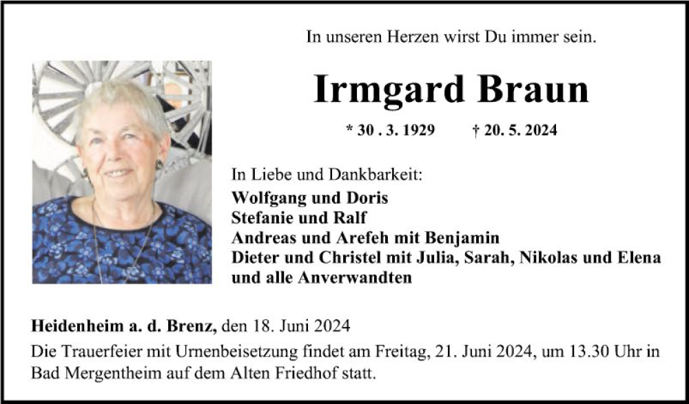  Traueranzeige für Irmgard Braun vom 18.06.2024 aus Fränkische Nachrichten