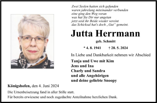 Traueranzeige von Jutta Herrmann von Fränkische Nachrichten