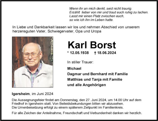 Traueranzeige von Karl Borst von Fränkische Nachrichten