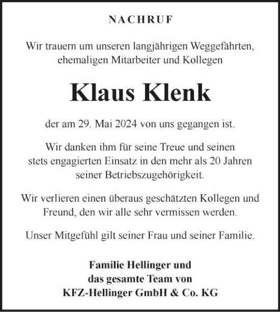 Traueranzeige von Klaus Klenk von Fränkische Nachrichten