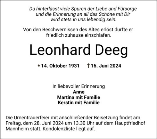 Traueranzeige von Leonhard Deeg von Mannheimer Morgen