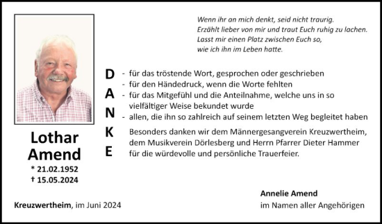 Traueranzeige von Lothar Amend von Fränkische Nachrichten
