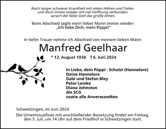 Traueranzeige von Manfred Geelhaar von Schwetzinger Zeitung