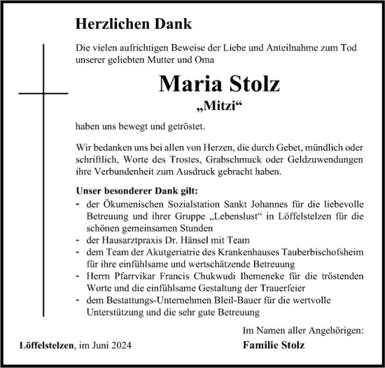 Traueranzeige von Maria Stolz von Fränkische Nachrichten