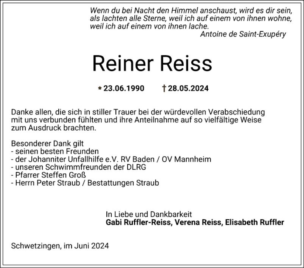  Traueranzeige für Reiner Reiss vom 29.06.2024 aus Schwetzinger Zeitung