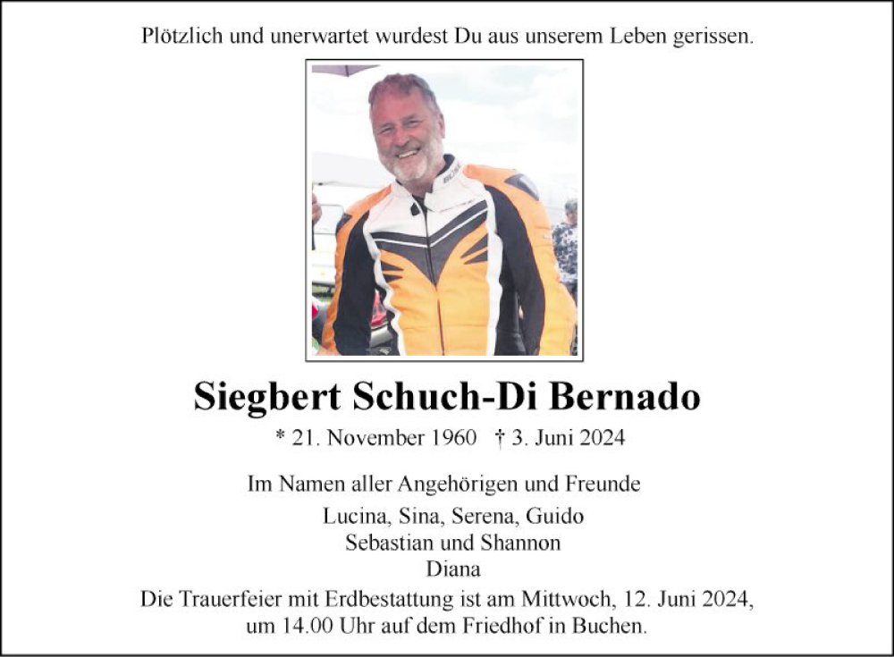  Traueranzeige für Siegbert Schuch-Di Bernado vom 07.06.2024 aus Fränkische Nachrichten