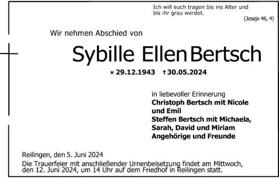 Traueranzeige von Sybille Ellen Bertsch von Schwetzinger Zeitung