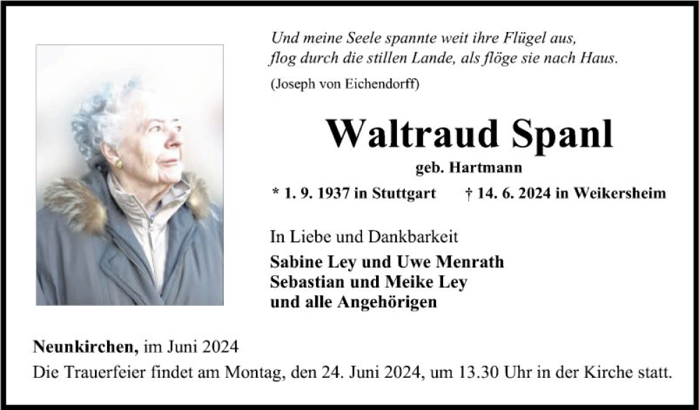 Traueranzeige für Waltraud Spanl vom 19.06.2024 aus Fränkische Nachrichten