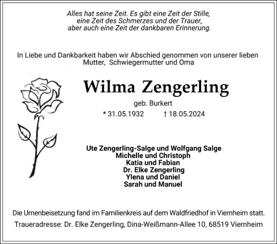 Traueranzeige von Wilma Zengerling von Mannheimer Morgen