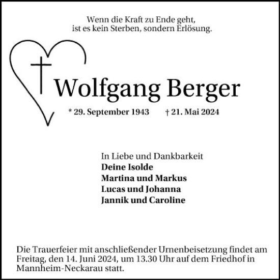Traueranzeige von Wolfgang Berger von Mannheimer Morgen