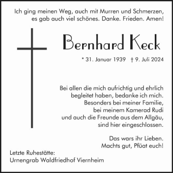 Traueranzeige von Bernhard Keck von Mannheimer Morgen