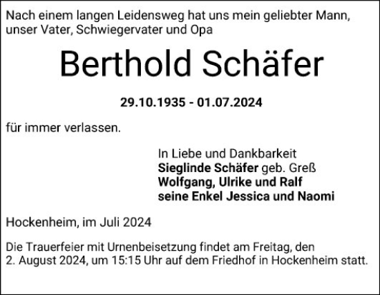 Traueranzeige von Berthold Schäfer von Schwetzinger Zeitung