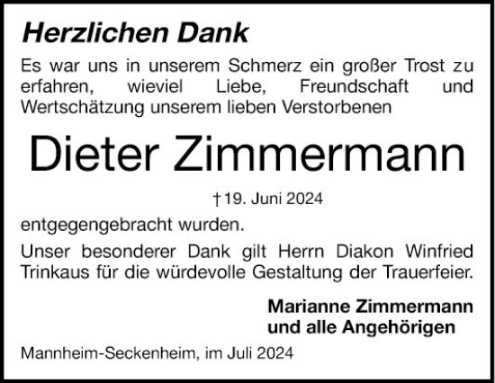 Traueranzeige von Dieter Zimmermann von Mannheimer Morgen