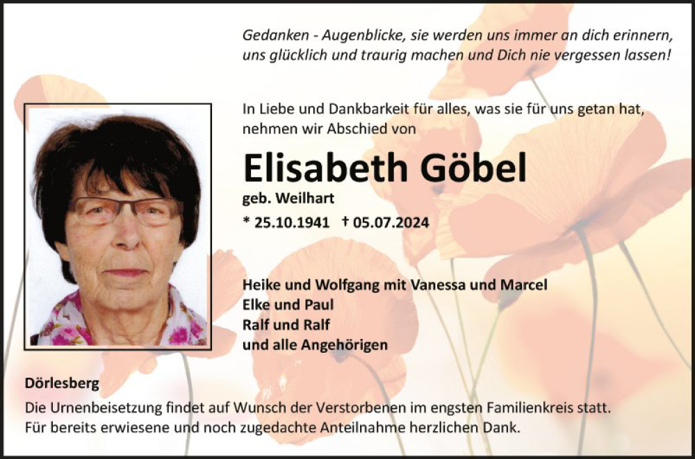  Traueranzeige für Elisabeth Göbel vom 11.07.2024 aus Fränkische Nachrichten