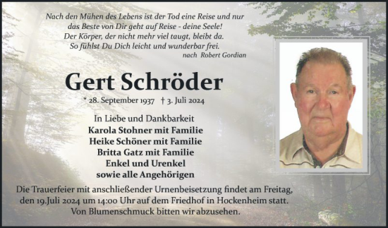 Traueranzeige von Gert Schröder von Schwetzinger Zeitung