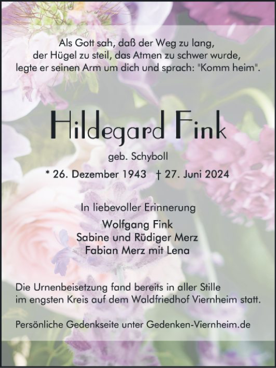 Traueranzeige von Hildegard Fink von Mannheimer Morgen