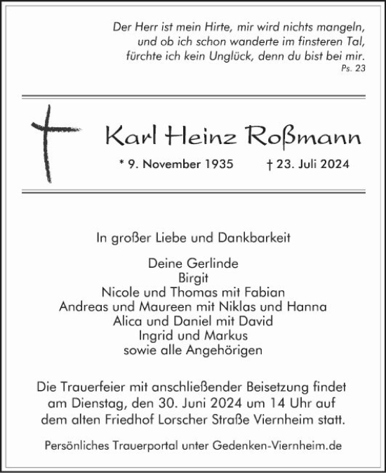 Traueranzeige von Karl-Heinz Roßmann von Mannheimer Morgen